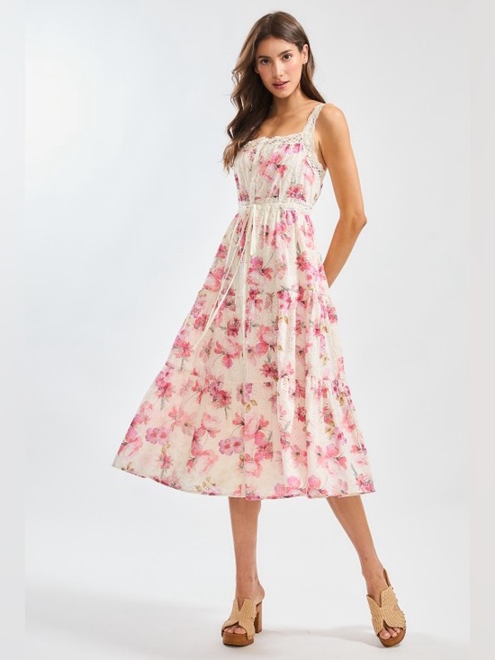 Camellia Dresses & Skirts - Camellia Pink Floral Lace-Trim Midi Dress